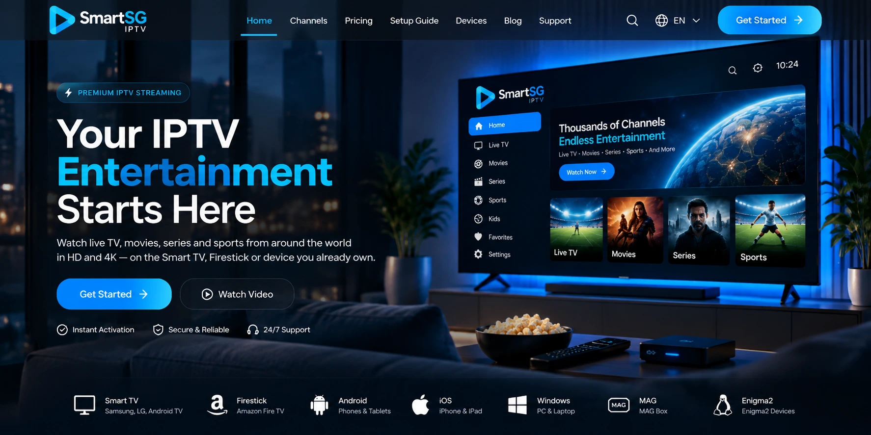A living room at night with the SmartSG IPTV app on a large television: Live TV, Movies, Series, Sports and Kids categories on screen, with a set-top box and remote on the table.